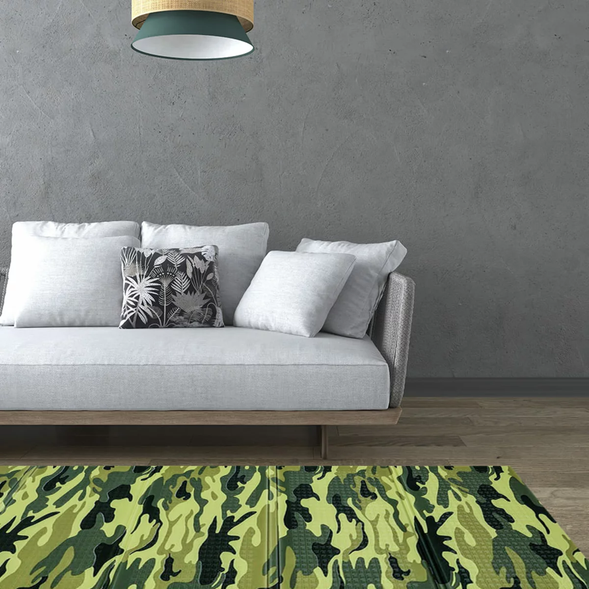 Килимок XPE в інтер’єрі вітальні — камуфляжний принт