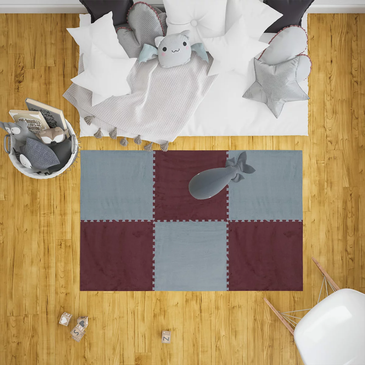 Інтер’єр — килимок-пазл світло-сірий 60×60×1 см у кімнаті