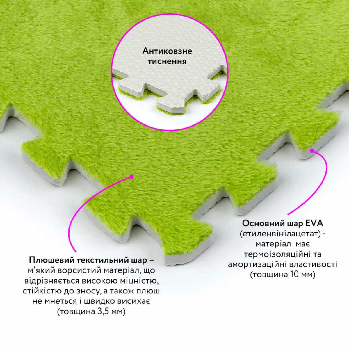 Нижня сторона салатового модуля з антиковзним тисненням і паз-замками, 30×30