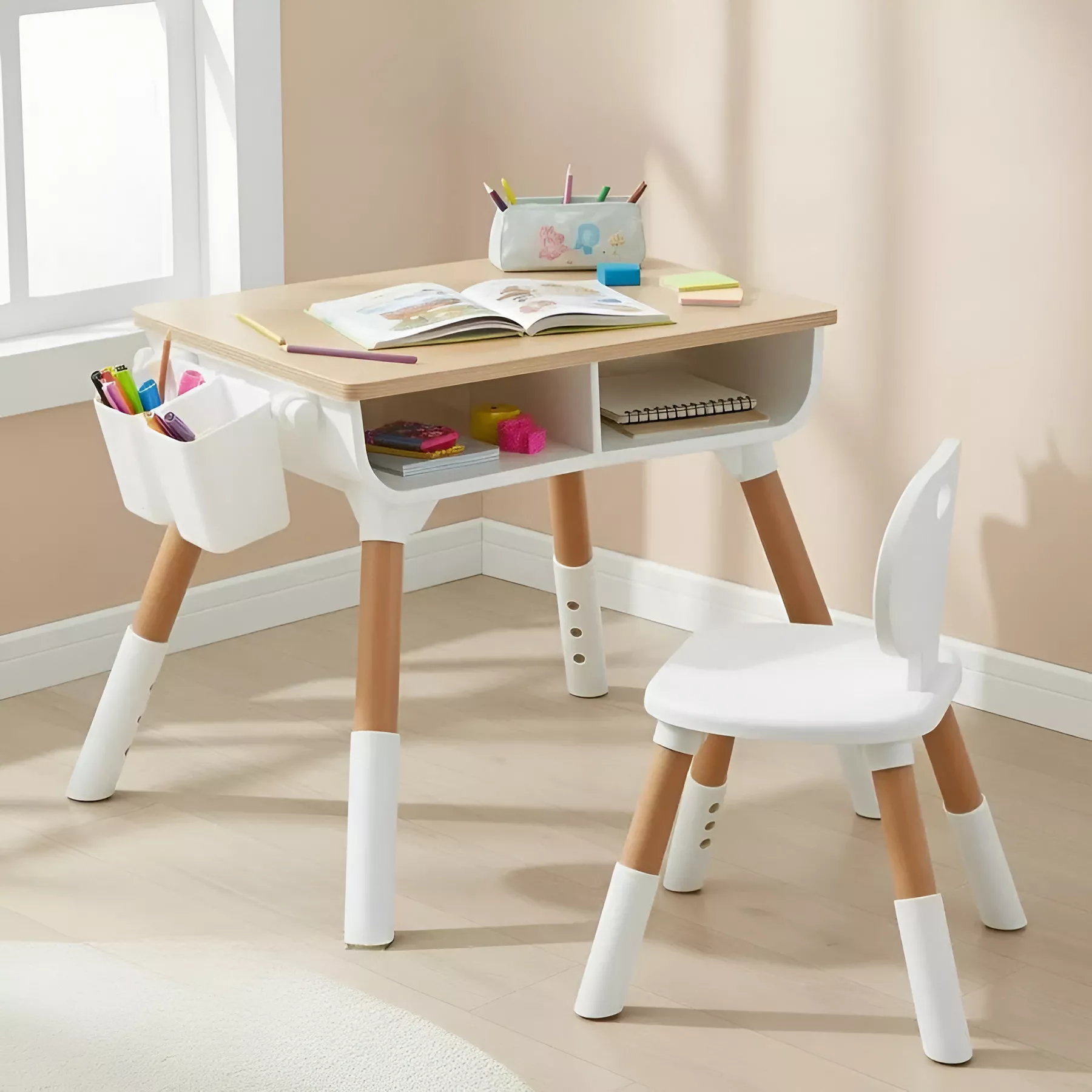 Дитячий регульований стіл і стілець 3 в 1 для занять та ігор, біло-дерев’яний дизайн