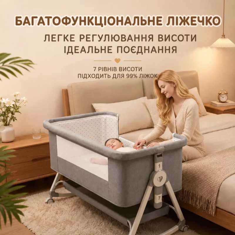 Приставне дитяче ліжечко з регулюванням висоти та москітною сіткою для новонародженого
